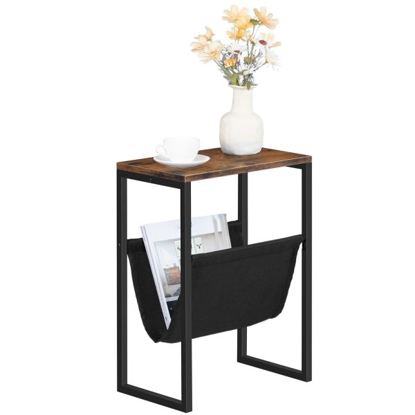 Rustic Brown & Black Slim Side Table with Linen Storage Sling, Compact Accent Table for Small Spaces, Suitable for Bedroom, Living Room and Office, Modern Style
