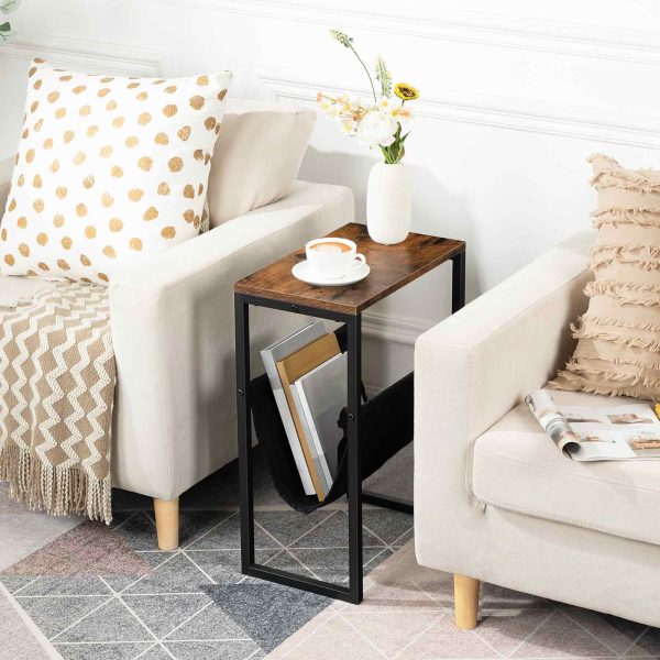 Rustic Brown & Black Slim Side Table with Linen Storage Sling, Compact Accent Table for Small Spaces, Suitable for Bedroom, Living Room and Office, Modern Style