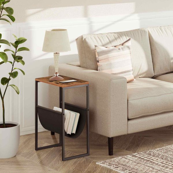 Rustic Brown & Black Slim Side Table with Linen Storage Sling, Compact Accent Table for Small Spaces, Suitable for Bedroom, Living Room and Office, Modern Style