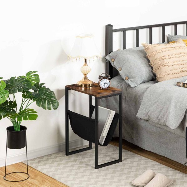 Rustic Brown & Black Slim Side Table with Linen Storage Sling, Compact Accent Table for Small Spaces, Suitable for Bedroom, Living Room and Office, Modern Style