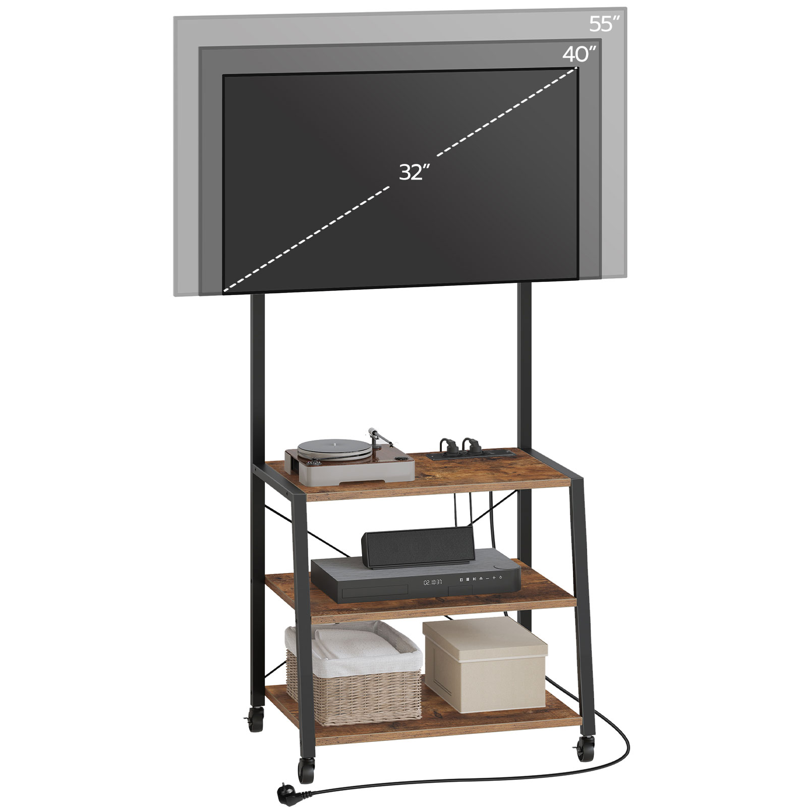 Rollable TV Cabinet with Shelves and Power Strip, Compatible with 32-55 Inch Screens, Multifunctional Entertainment Center for Living Room & Bedroom, Rustic Brown & Black
