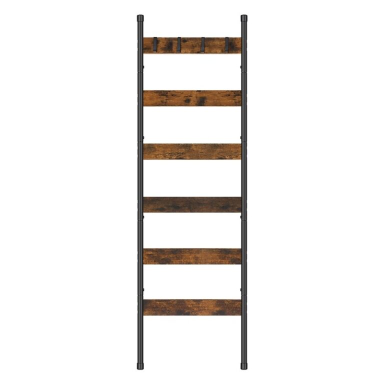 Takaró létra, 6-Szintű törülközőtartó horgokkal, Falfestő takaróállvány, Dekoratív kijelző létra polc, Sálak, Ipari, Nappali, Hálószoba, Rusztikus barna és fekete