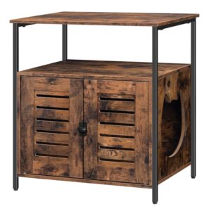 litter box enclosure, louvered hidden litter box, covered cat litter box furniture with extra storage space, side table, nightstand, multifunctional, adjustable feet, rustic brown