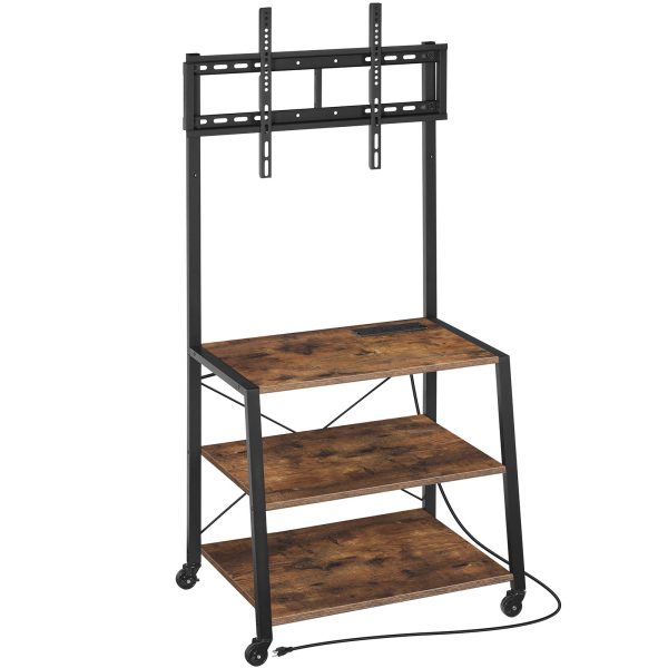 Rolling TV Stand with Mount and Power Outlet, Compatible with Up to 55-Inch TVs, Rustic Brown & Black Corner Entertainment Center with 3-Tier Storage Shelves for Living Room and Bedroom