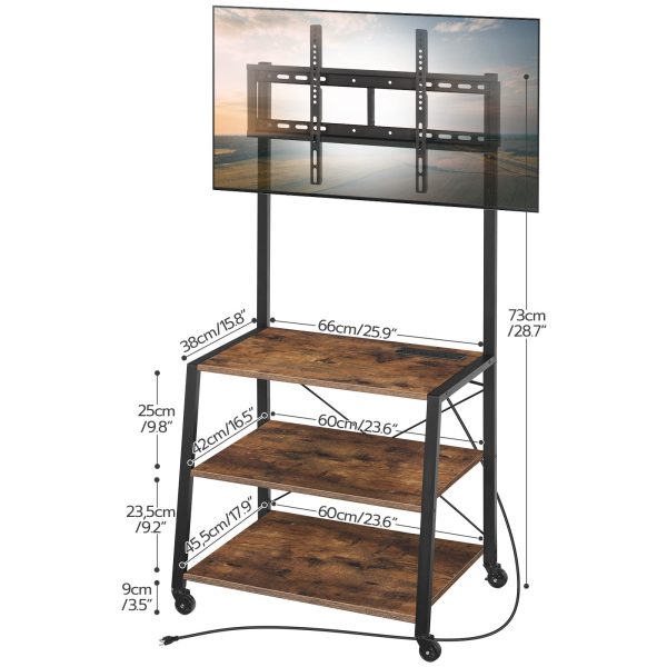 Rolling TV Stand with Mount and Power Outlet, Compatible with Up to 55-Inch TVs, Rustic Brown & Black Corner Entertainment Center with 3-Tier Storage Shelves for Living Room and Bedroom