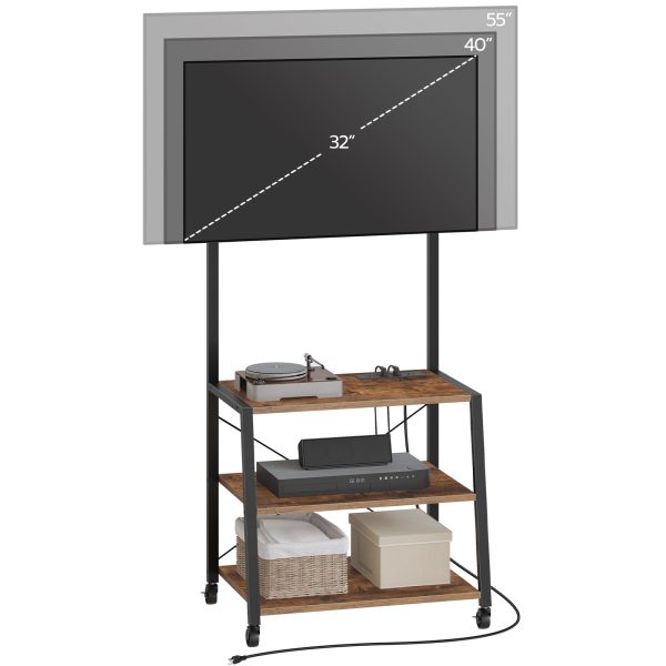 Rolling TV Stand with Mount and Power Outlet, Compatible with Up to 55-Inch TVs, Rustic Brown & Black Corner Entertainment Center with 3-Tier Storage Shelves for Living Room and Bedroom