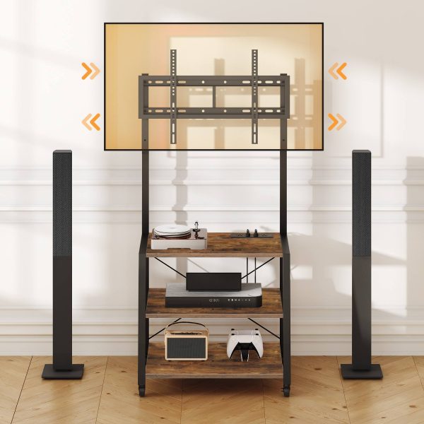 Rolling TV Stand with Mount and Power Outlet, Compatible with Up to 55-Inch TVs, Rustic Brown & Black Corner Entertainment Center with 3-Tier Storage Shelves for Living Room and Bedroom