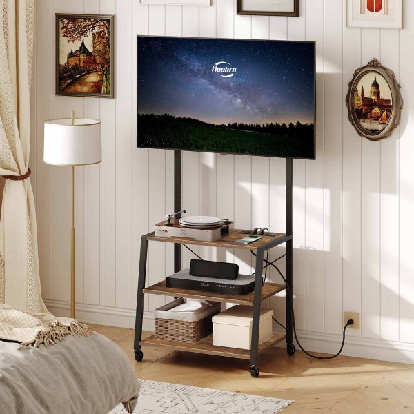 Rolling TV Stand with Mount and Power Outlet, Compatible with Up to 55-Inch TVs, Rustic Brown & Black Corner Entertainment Center with 3-Tier Storage Shelves for Living Room and Bedroom