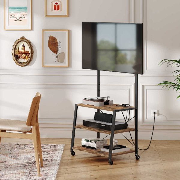 Rolling TV Stand with Mount and Power Outlet, Compatible with Up to 55-Inch TVs, Rustic Brown & Black Corner Entertainment Center with 3-Tier Storage Shelves for Living Room and Bedroom