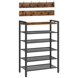 Shoe Rack,6 Tier Shoe Storage Organizer with Coat Hooks, Entryway Furniture Set, 3-in-1 Design, Wooden Furniture with Metal Frame, for Hallway, Closet, Dorm Room, Rustic Brown