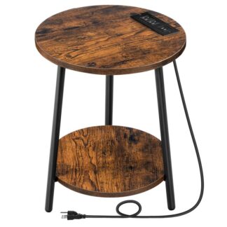 Round End Table with Charging Station, 2-Tier Small Side Table, Circle Accent Table for Living Room, Bedroom, Rustic Brown