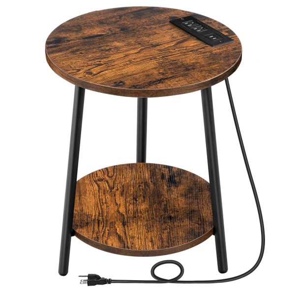 Round End Table with Charging Station, 2-Tier Small Side Table, Circular Accent Table for Living Room and Bedroom, Rustic Brown