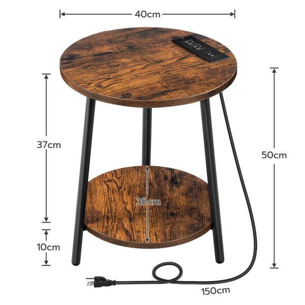 Round End Table with Charging Station, 2-Tier Small Side Table, Circular Accent Table for Living Room and Bedroom, Rustic Brown