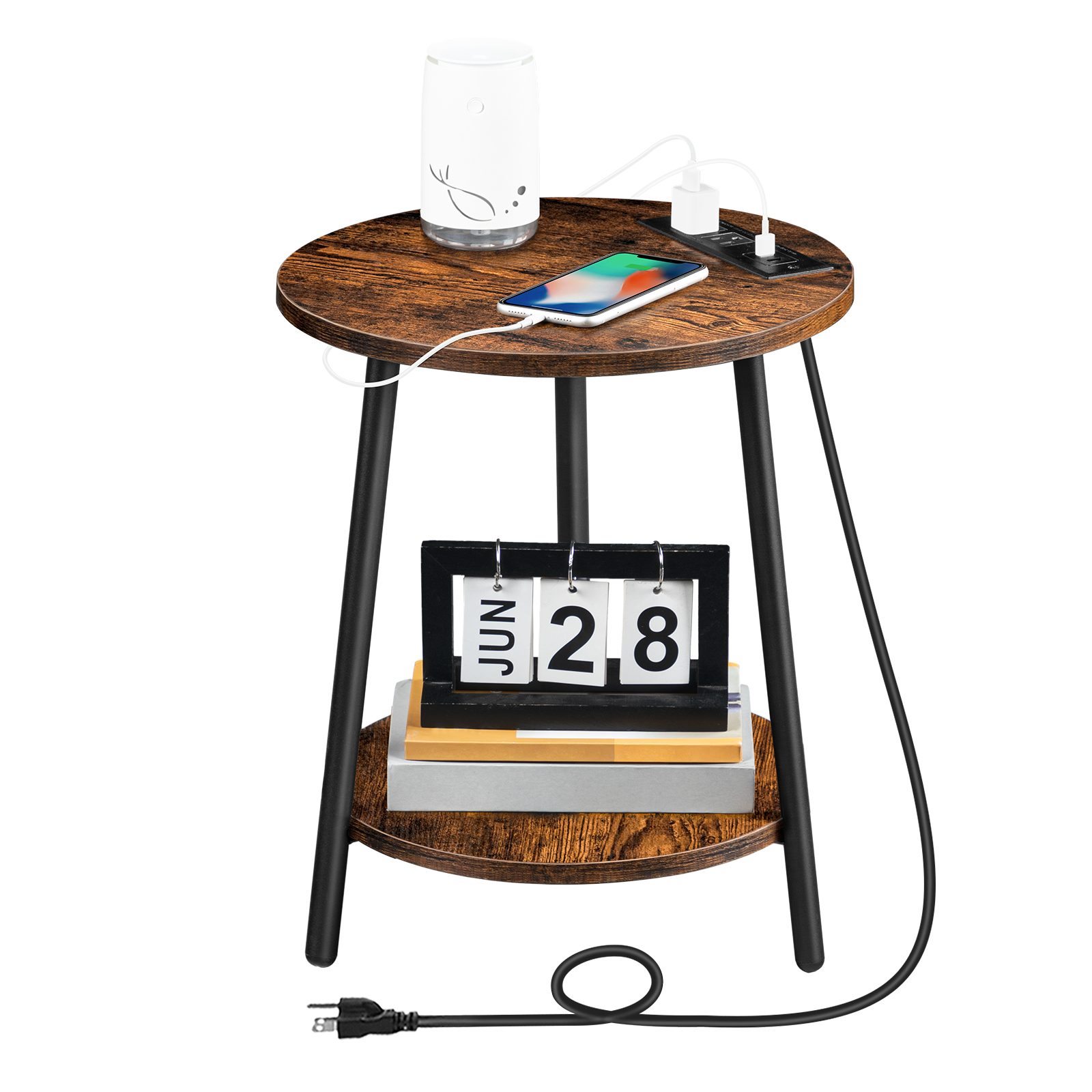 Table de bout ronde avec station de recharge, 2-Petite table d'appoint Tier, Table d'appoint circulaire pour salon et chambre à coucher, Brun rustique