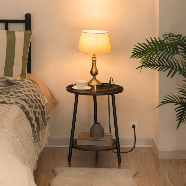 Round End Table with Charging Station, 2-Tier Small Side Table, Circular Accent Table for Living Room and Bedroom, Rustic Brown