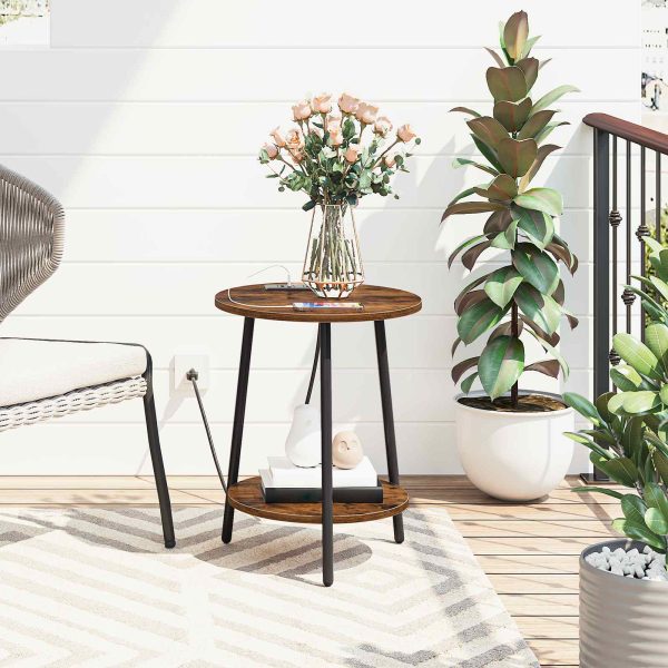 Round End Table with Charging Station, 2-Tier Small Side Table, Circular Accent Table for Living Room and Bedroom, Rustic Brown
