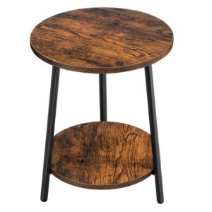 Round Side Table, Rustic Nightstand End Table with Storage Shelf, 2-Tier Metal Round Accent Table for Small Spaces, Living Room, Bedroom, Modern Style, Rustic Brown and Black