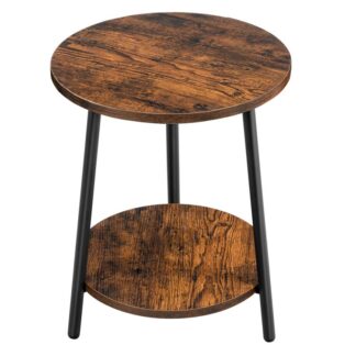 Στρογγυλό τραπέζι, Ρουστίκ νυχτερινό τραπέζι με ράφι αποθήκευσης, 2-Tier Metal Round Accent Table για μικρούς χώρους, Καθιστικό, Υπνοδωμάτιο, Μοντέρν, Ρουστίκ καφέ και μαύρο