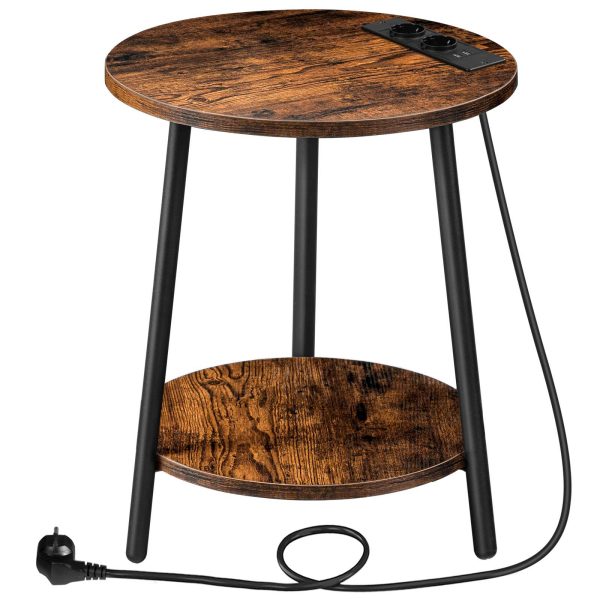 Runder Beistelltisch mit Ladestation, 2-Tier-Multifunktions-Couchtisch, Geeignet für kleine Räume, Wohnzimmer, Schlafzimmer und Eingang, Vintage Brown & Schwarz