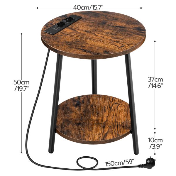 Runder Beistelltisch mit Ladestation, 2-Tier-Multifunktions-Couchtisch, Geeignet für kleine Räume, Wohnzimmer, Schlafzimmer und Eingang, Vintage Brown & Schwarz