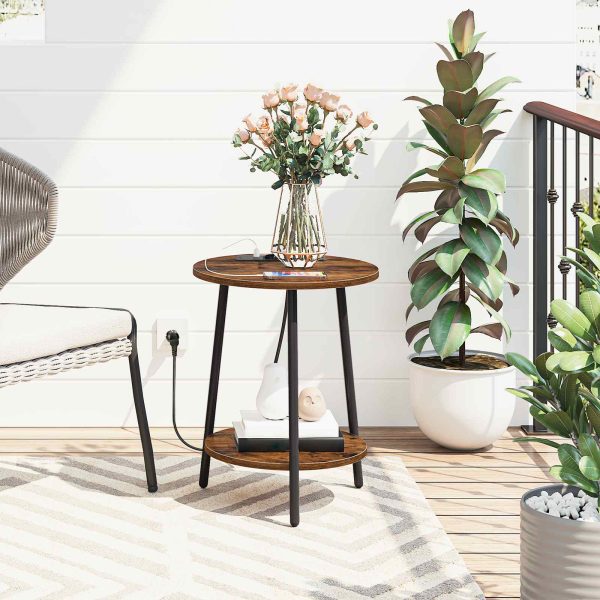 Runder Beistelltisch mit Ladestation, 2-Tier-Multifunktions-Couchtisch, Geeignet für kleine Räume, Wohnzimmer, Schlafzimmer und Eingang, Vintage Brown & Schwarz