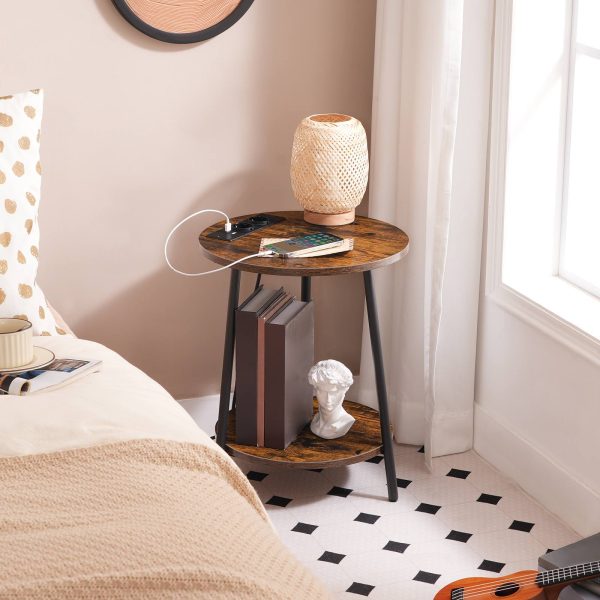 Runder Beistelltisch mit Ladestation, 2-Tier-Multifunktions-Couchtisch, Geeignet für kleine Räume, Wohnzimmer, Schlafzimmer und Eingang, Vintage Brown & Schwarz