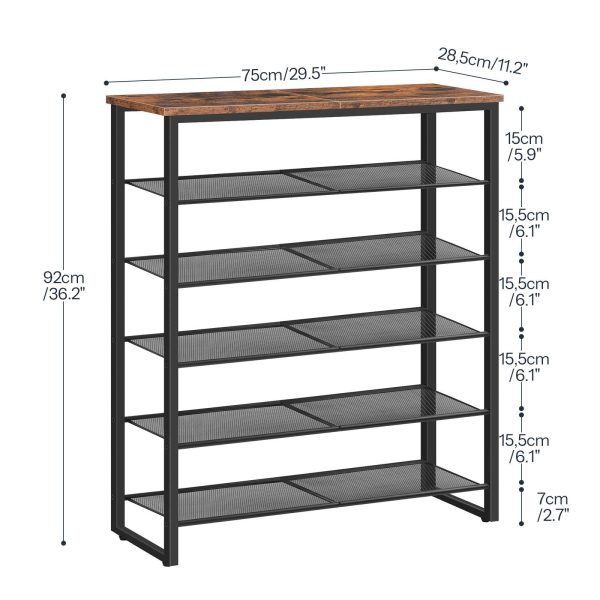 6-Poziomy stojak na buty, Large-Capacity Shoe Organizer, Accommodating 18-24 Pary butów, Durable Stable Shoe Storage Shelf, Nadaje się do przedpokoju, Gabinet, Korytarz, Pokój w akademiku, Styl industrialny, Rustykalny brąz