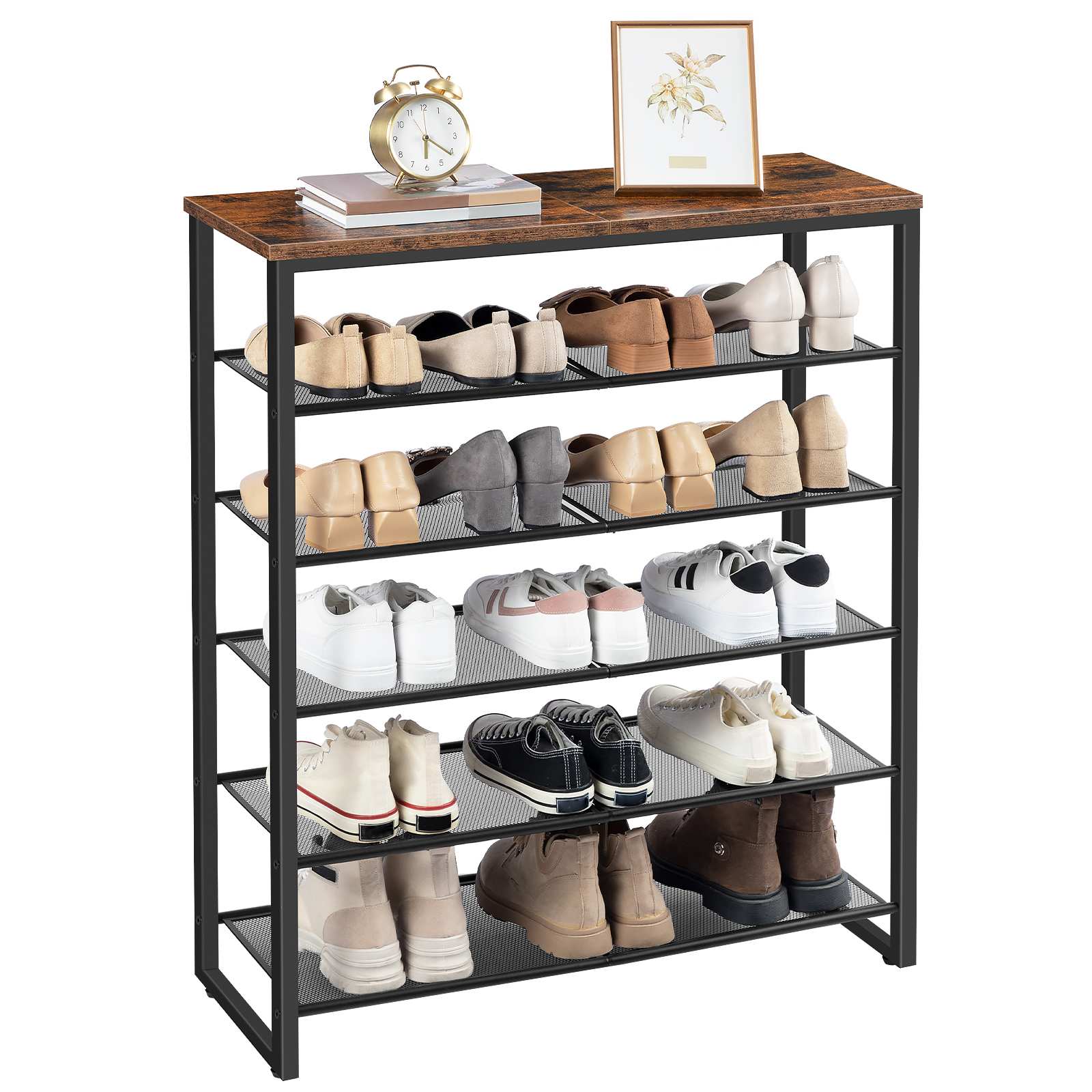 6-Poziomy stojak na buty, Large-Capacity Shoe Organizer, Accommodating 18-24 Pary butów, Durable Stable Shoe Storage Shelf, Nadaje się do przedpokoju, Gabinet, Korytarz, Pokój w akademiku, Styl industrialny, Rustykalny brąz