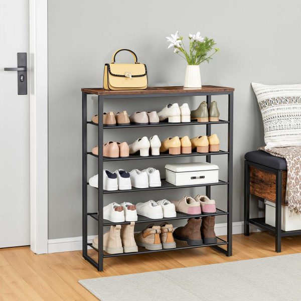 6-Poziomy stojak na buty, Large-Capacity Shoe Organizer, Accommodating 18-24 Pary butów, Durable Stable Shoe Storage Shelf, Nadaje się do przedpokoju, Gabinet, Korytarz, Pokój w akademiku, Styl industrialny, Rustykalny brąz