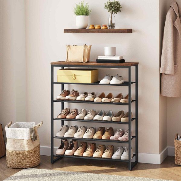 6-Poziomy stojak na buty, Large-Capacity Shoe Organizer, Accommodating 18-24 Pary butów, Durable Stable Shoe Storage Shelf, Nadaje się do przedpokoju, Gabinet, Korytarz, Pokój w akademiku, Styl industrialny, Rustykalny brąz