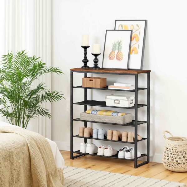 6-Poziomy stojak na buty, Large-Capacity Shoe Organizer, Accommodating 18-24 Pary butów, Durable Stable Shoe Storage Shelf, Nadaje się do przedpokoju, Gabinet, Korytarz, Pokój w akademiku, Styl industrialny, Rustykalny brąz