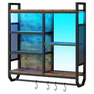 Rustikale braune und schwarze Spiele schwimmende Regale, Wandmontiertes Display mit LED -Leuchten, 4-Tierverstellbares Hangregal, Lagerregal mit 4 Haken, für Zimmer