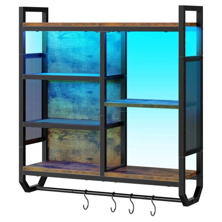 Scaffali galleggianti da gioco marrone e nero rustico, Display montato a parete con luci a LED, 4-Scaffale sospeso regolabile a livello, Rack di stoccaggio con 4 Ganci, per la stanza