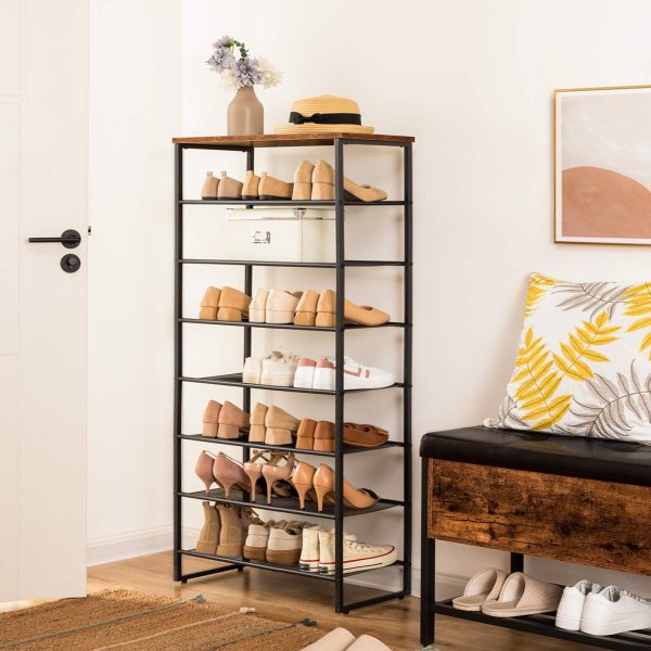 رف أحذية ريفي بني 8 طبقات, رف أحذية ذو سعة كبيرة 21-28 أزواج, منظم تخزين شبكي معدني قابل للفصل, قوي & مستقر, تجميع سهل, النمط الصناعي