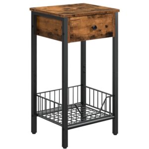 tall nightstand, end table with drawer and a mesh steel basket black, bedside table, industrial end telephone table for study, bedroom, space saving, rustic brown and black
