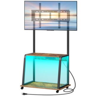 Ρουστίκ καφέ και μαύρη γωνιακή τηλεόραση με βάση το βουνό και ρεύμα μέχρι 55 ", Vintage Rolling TV Stand με φώτα LED, Heights ρυθμιζόμενο τραπέζι της κονσόλας τηλεόρασης για σαλόνι, Υπνοδωμάτιο, Γραφείο