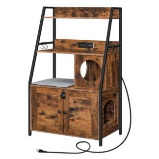 roskaraatikon kotelo 2 säilytyshyllyt, Sisätilojen korkea kissan roskakorilaatikkokalusteet, jotka on piilotettu latausasemalla kissatalolla ja muhkealla matolla, maalaismainen ruskea ja musta