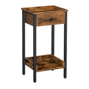 1 Drawer Bedside Table, Tall Nightstand, End Table with Drawer and Storage Shelf, Industrial End Telephone Table, for Study, Bedroom, Space Saving, Rustic Brown and Black
