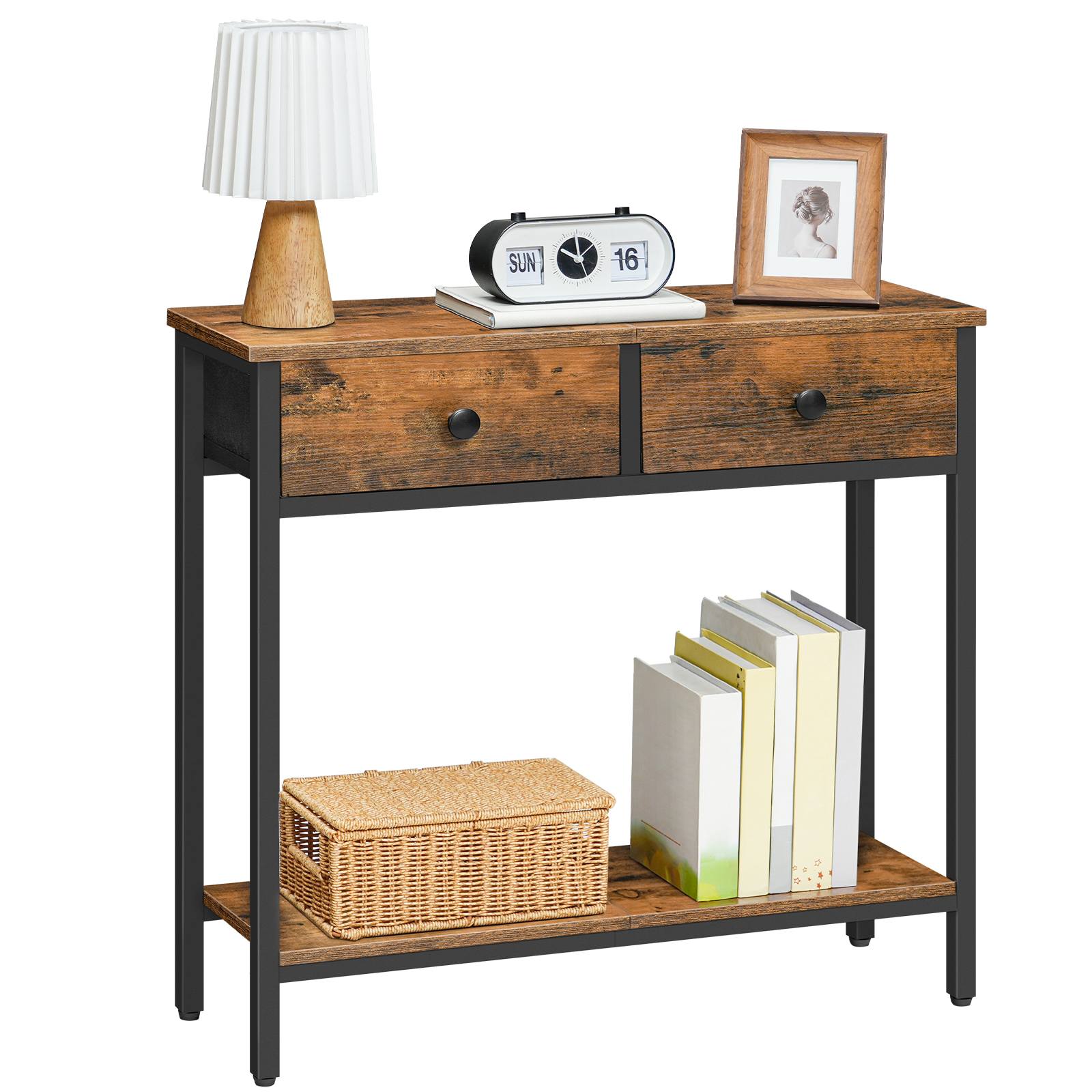 Industrial Slim Console Table with 2 Non-woven Drawers, Narrow Hallway Storage Table, Suitable for Small Spaces and Living Rooms, Rustic Brown & Black