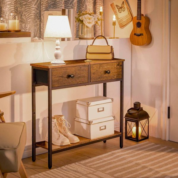 طاولة كونسول صناعية رفيعة مع 2 أدراج غير منسوجة, طاولة تخزين المدخل الضيق, مناسبة للمساحات الصغيرة وغرف المعيشة, ريفي براون & أسود