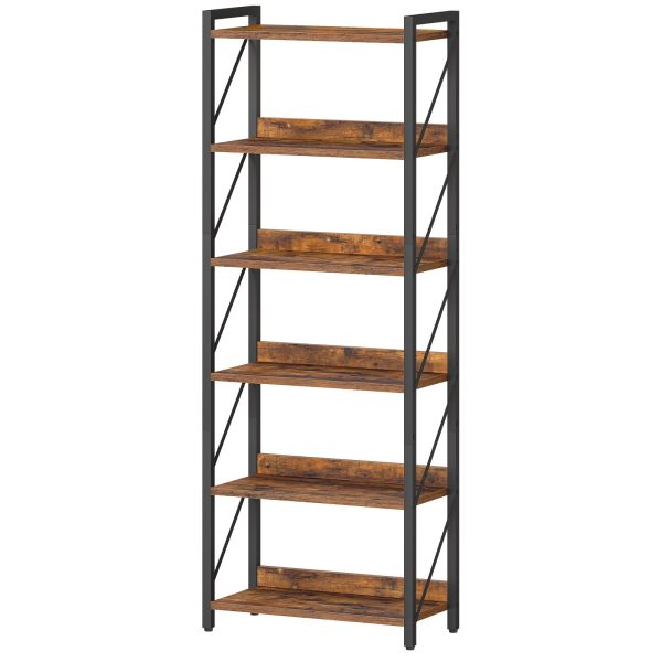 6-Tier Industrial Bookshelf, Metal-Frame Bookcase Storage Organizer, Tall Display Shelf for Living Room, Bedroom, Home Office and Kitchen, Rustic Brown & Black