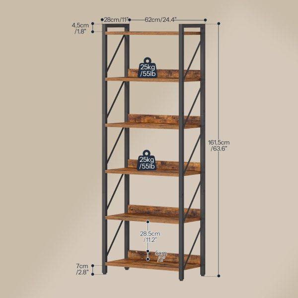 6-Tier Industrial Bookshelf, Metal-Frame Bookcase Storage Organizer, Tall Display Shelf for Living Room, Bedroom, Home Office and Kitchen, Rustic Brown & Black