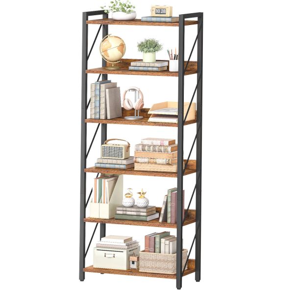 6-Tier Industrial Bookshelf, Metal-Frame Bookcase Storage Organizer, Tall Display Shelf for Living Room, Bedroom, Home Office and Kitchen, Rustic Brown & Black