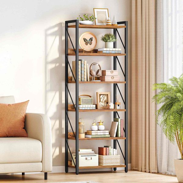 6-Tier Industrial Bookshelf, Metal-Frame Bookcase Storage Organizer, Tall Display Shelf for Living Room, Bedroom, Home Office and Kitchen, Rustic Brown & Black