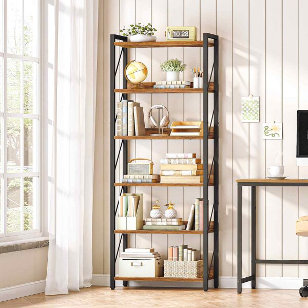 6-Tier Industrial Bookshelf, Metal-Frame Bookcase Storage Organizer, Tall Display Shelf for Living Room, Bedroom, Home Office and Kitchen, Rustic Brown & Black