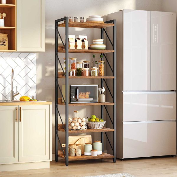 6-Tier Industrial Bookshelf, Metal-Frame Bookcase Storage Organizer, Tall Display Shelf for Living Room, Bedroom, Home Office and Kitchen, Rustic Brown & Black