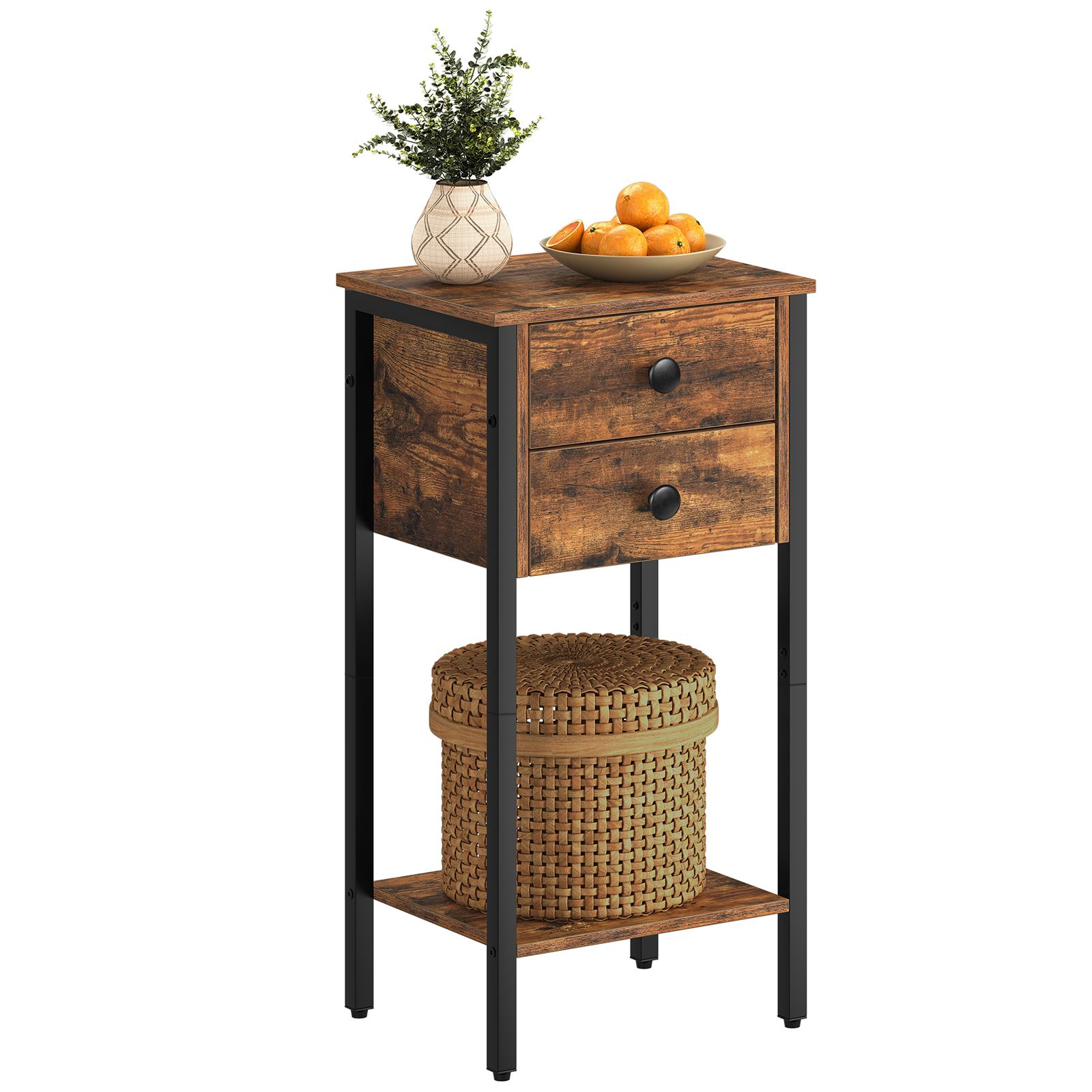 Tall Nightstand, Bedside Table with 2 Drawers and Storage Shelf, Industrial Telephone End Table for Study, Bedroom, Side Table Space Saving, Easy Assembly, Rustic Brown and Black