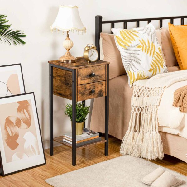 منضدة طويلة, طاولة بجانب السرير مع 2 الأدراج ورف التخزين, طاولة نهاية الهاتف الصناعية للدراسة, غرفة نوم, توفير مساحة الطاولة الجانبية, تجميع سهل, ريفي البني والأسود