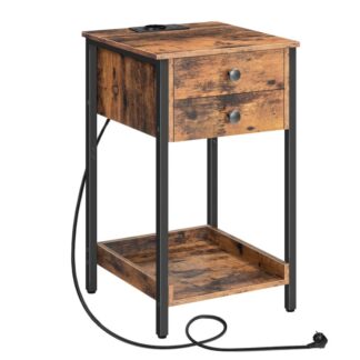 Κομοδίνο με υποδοχή, Ψηλό τραπέζι του καφέ με 2 Συρτάρια για υπνοδωμάτιο, Καθιστικό, Vintage καφέ και