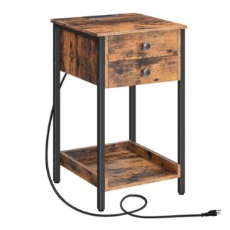 comodino con stazione di ricarica, tavolo alto, Tavolo laterale con cassetti e scaffale, tavolo telefonico per camera da letto, risparmio di spazio, Assemblaggio facile, rustico marrone e nero